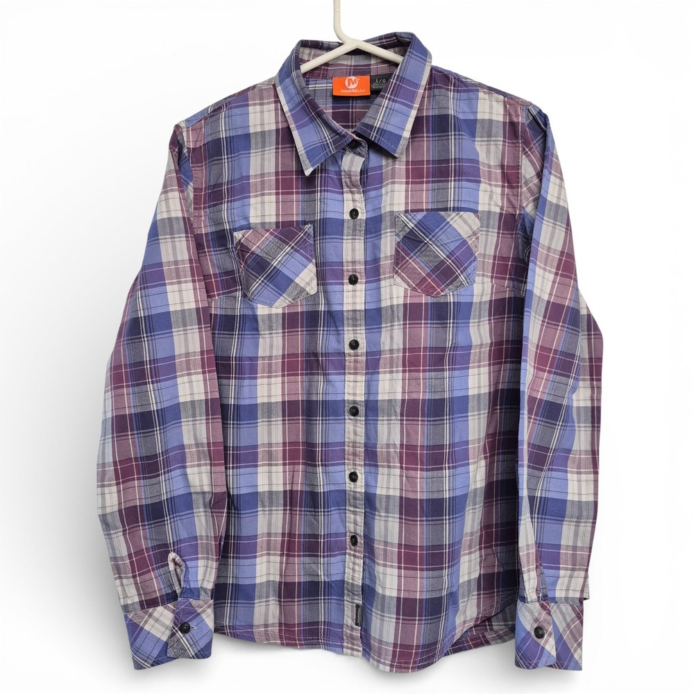 Merrell Womens Plaid Long Sleeve Button Up Shirt Large Purple Blue Cowgirl Rodeo